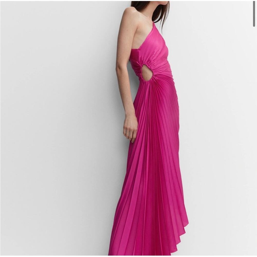 Mango One Shoulder Satin Asymmetric Pleated Maxi Dress Pink Sz 4 Wedding Guest - Picture 4 of 6
